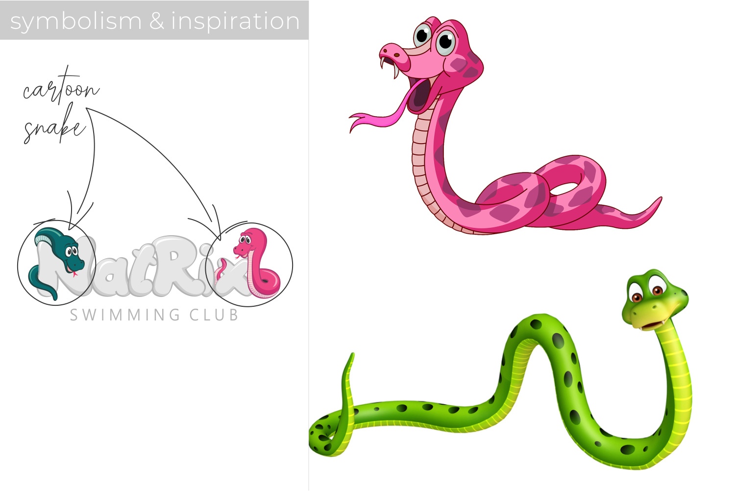 NATRIX swimming club inspiration process cartoon snakes